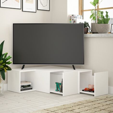 Cotecosy – Meuble TV compact en panneaux de particules mélaminés blancs – Dimensions 90x92x32 cm – Compatible avec tous les téléviseurs