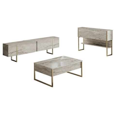 Ensemble de meubles de salon moderne avec meuble TV, console et table basse Sibylle Bois Effet travertin et Métal Or