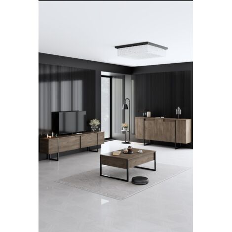 Cotecosy – Ensemble de meubles de salon buffet en noyer noir – Console 160x35x80cm, meuble TV 180x30x50cm, table basse 90x60x40cm – Panneaux mélaminés 18mm