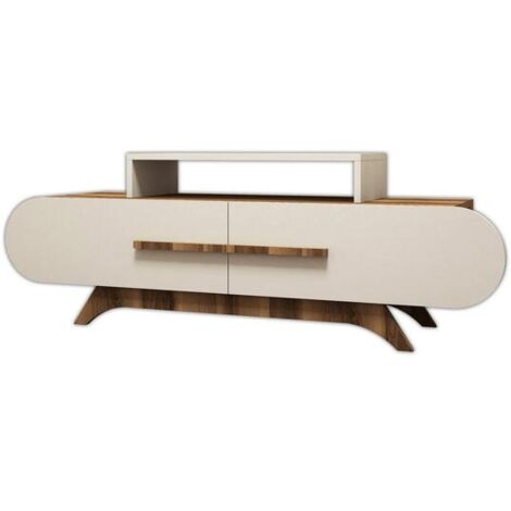 Meuble TV façade ovale Ellipsis 145cm Panneau Bois Naturel Blanc créme