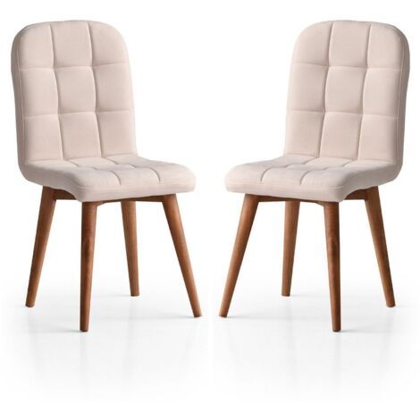 Lot de 2 chaises de salle à manger style scandinave Duny Velours Crème et Bois foncé (1/3)