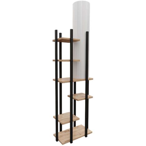 Cotecosy – Étagère avec lampe intégrée MDF 150 cm – Abat-jour tissu – Coloris noir, blanc, naturel – Design moderne pour intérieur