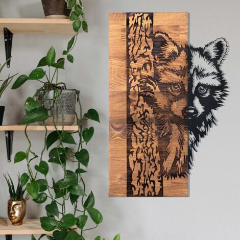 Décoration murale bois et métal Animal Raton Laveur (1/5)