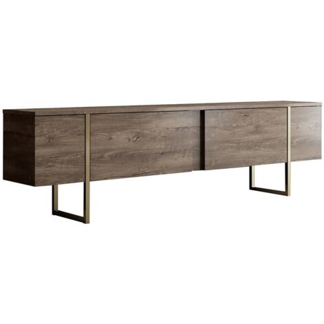 Cotecosy – Meuble TV contemporain 180 cm en aggloméré mélaminé – 2 portes battantes – Pieds métal noir mat ou doré – Compatible jusqu'à 35 kg