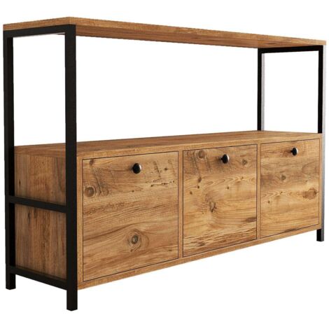 Cotecosy – Buffet industriel 3 portes en aggloméré et métal – Dimensions L120 x P30 x H75 cm – Fixation murale pour gain de place – Coloris noir et noyer (1/10)