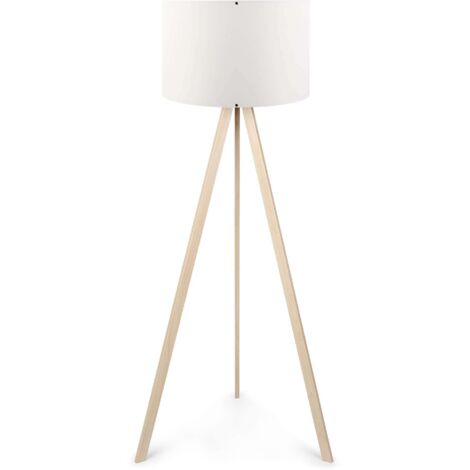 Cotecosy – Lampadaire trépied blanc et chêne – Hauteur 140 cm – Abat-jour 38 cm – Design scandinave élégant pour salon