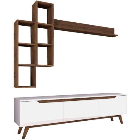 Meuble TV et étagère murale Leff Blanc et Bois foncé (1/5)