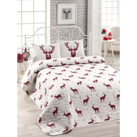 Set de couvre-lit 220x240cm et 2 taies d'oreiller 60x60cm Rocky Tissu Motif Cerf Bordeaux et Blanc (1/4)