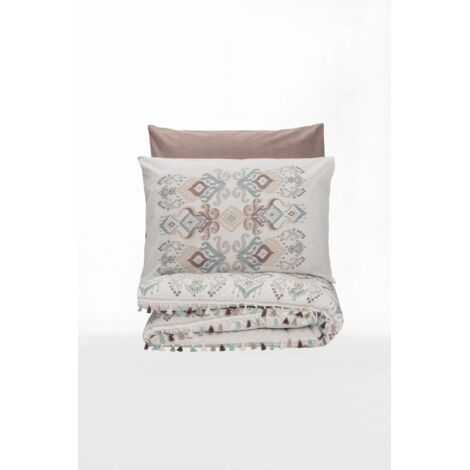 Housse de couette, housse de couette, linge de lit Set 100% Coton Blanc Brun (1/4)