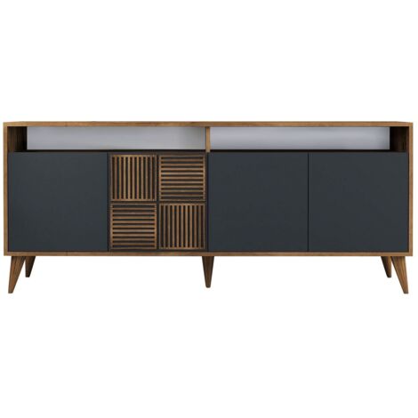 Cotecosy – Buffet contemporain en bois mélaminé noyer et anthracite 4 portes – Dimensions L 180 cm x P 35 cm x H 78,6 cm – Design géométrique élégant