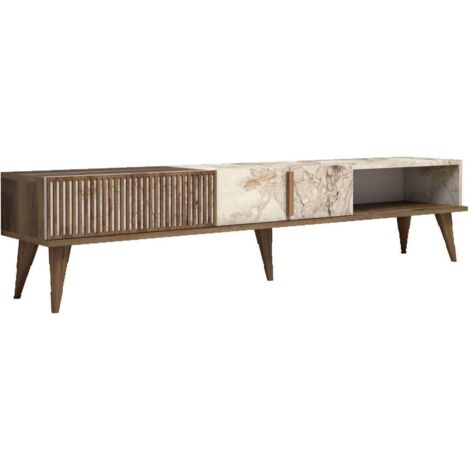 Cotecosy – Meuble TV en bois noyer et blanc effet marbre – 2 portes – Dimensions 180 x 35 x 40 cm – Finition résistante aux éraflures
