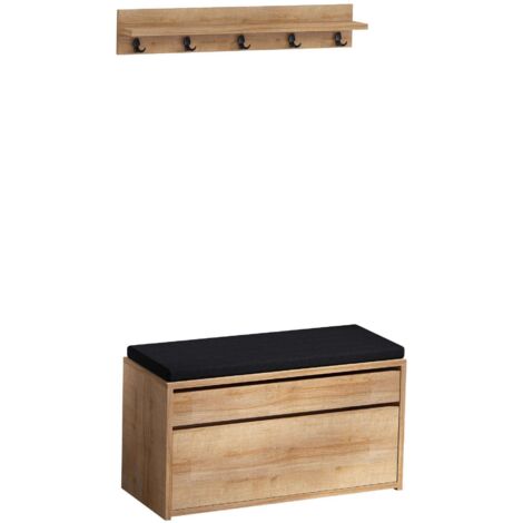 Cotecosy – Meuble à chaussures avec étagère supérieure L80 x P35 x H42 cm – Chêne clair et noir – Panneaux de particules mélaminé – Fixation murale recommandée