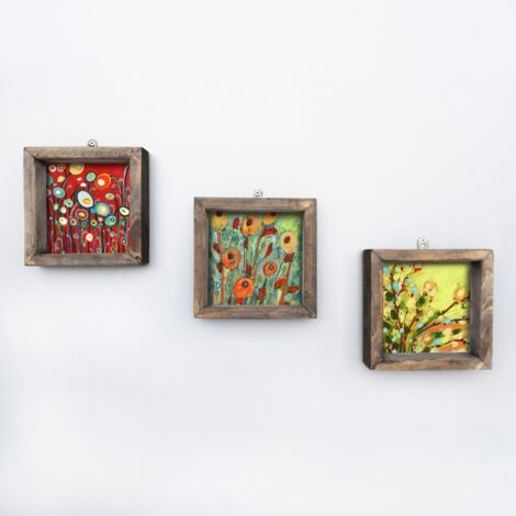 Lot de 3 tableaux Chronosol 15x15cm Pin massif Naturel et Toile Fleurs abstrait (1/2)