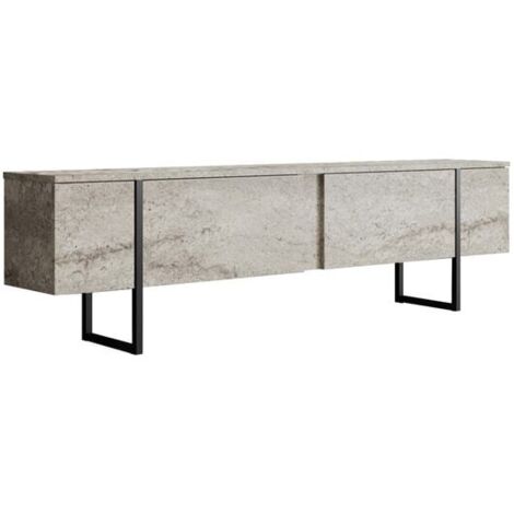 Meuble TV moderne 2 portes Sibylle L180cm Bois Effet travertin et Métal Noir