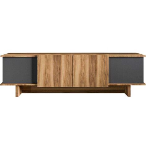 Hanah Home – Meuble TV 4 portes en aggloméré finition noyer – Dimensions 180x50x33 cm – Fixation murale possible – Livré en kit