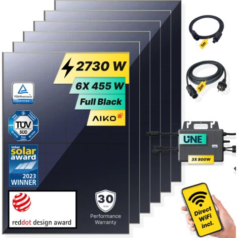 ROBINSUN®️ Kit Solar Enchufable Performance Basic (Sin Fijaciones) 2.730Wp, 6 paneles Aiko 455Wp + 3 Microinversores 800W con Wifi incluído + Cable 3m