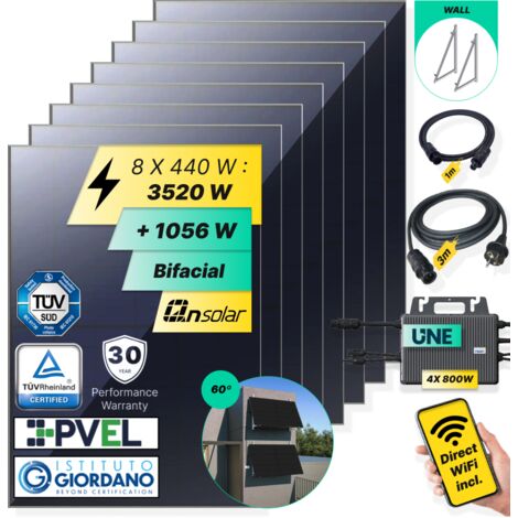 ROBINSUN®️ Kit Solar Enchufable Performance Wall-60 3.520Wp, 8 paneles QN 440Wp +4 Microinversores 800W con Wifi incluído+ Cable 3m +8 Fijaciones 60º