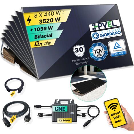 ROBINSUN®️ Kit Solar Enchufable Performance Flat 3.520Wp, 8 paneles QN 440Wp + 4 Microinversores 800W con Wifi incluído + Cable 3m + 8 Fijaciones 20º