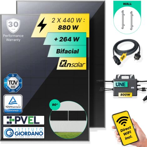 ROBINSUN®️ Kit Solar Enchufable Performance Wall-90 880 Wp, 2 paneles QN 440Wp + 1 Microinversor 800W con Wifi incluído + Cable 3m + 2 Fijaciones 90º