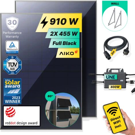 ROBINSUN®️ Kit Solar Enchufable Performance Wall-60 910Wp, 2 paneles Aiko 455Wp + 1 Microinversor 800W con Wifi incluído +Cable 3m + 2 Fijaciones 60º