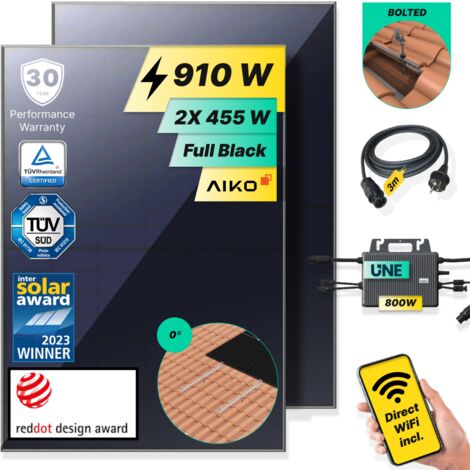 ROBINSUN®️ Kit Solar Enchufable Performance Roof 910Wp, 2 paneles Aiko 455Wp +1 Microinversor 800W con Wifi incluído+Cable 3m+2 Fijaciones Atornillado