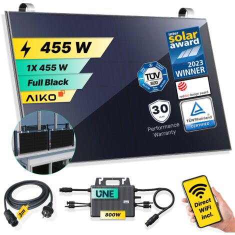 ROBINSUN®️ Kit Solar Enchufable Performance Balcony 455Wp, 1 panel Aiko 455Wp + 1 Microinversor 800W con Wifi incluído +Cable 3m +1 Fijación SolarHook