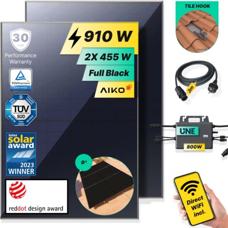 ROBINSUN®️ Kit Solar Enchufable Performance Roof 910Wp, 2 paneles Aiko 455Wp +1 Microinversor 800W con Wifi incluído +Cable 3m +2 Fijaciones Salvateja (1/5)