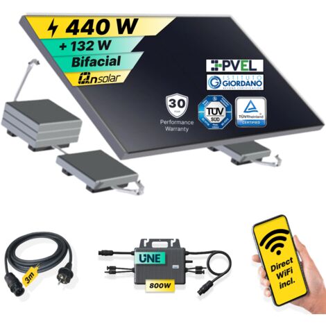 ROBINSUN®️ Kit Solar Enchufable Performance Flat 440Wp, 1 panel QN 440Wp + 1 Microinversor 800W con Wifi incluído + Cable 3m + 1 Fijación 20º