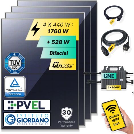 ROBINSUN®️ Kit Solar Enchufable Performance Basic (Sin Fijaciones) 1.760Wp, 4 paneles QN 440Wp + 2 Microinversores 800W con Wifi incluído + Cable 3m