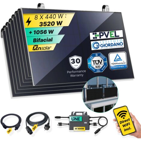 ROBINSUN®️ Kit Solar Enchufable Performance Balcony 3.520Wp, 8 paneles QN 440Wp +4 Microinversores 800W Wifi incluído+Cable 3m+8 Fijaciones SolarHook