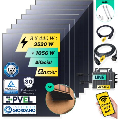 ROBINSUN®️ Kit Solar Enchufable Performance Wall 3.520Wp, 8 paneles QN 440Wp +4 Microinversores 800W con Wifi incluído+ Cable 3m +8 Fijaciones 60º