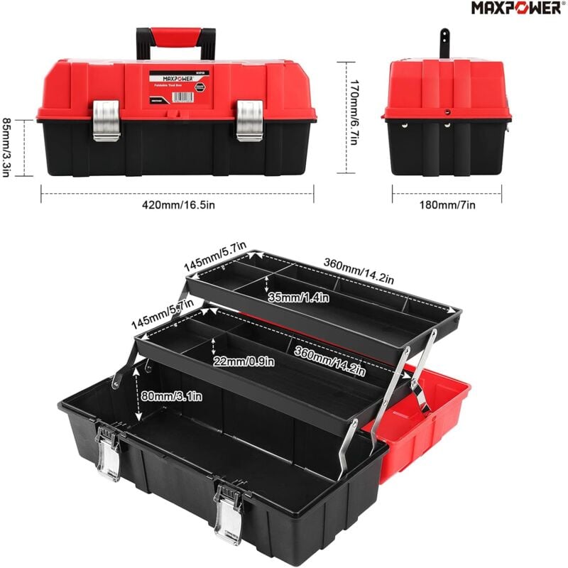 MAXPOWER cassetta degli attrezzi vuota 42x18x17 cm plastica cassetta degli  attrezzi pieghevole a 3 strati con serratura in metallo Grande cassetta  degli attrezzi portatile portante