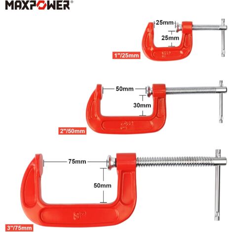 MAXPOWER 3 Pezzi C Morsetti set 25mm / 50mm / 75mm Morsetti a c per legno  Terminali a vite