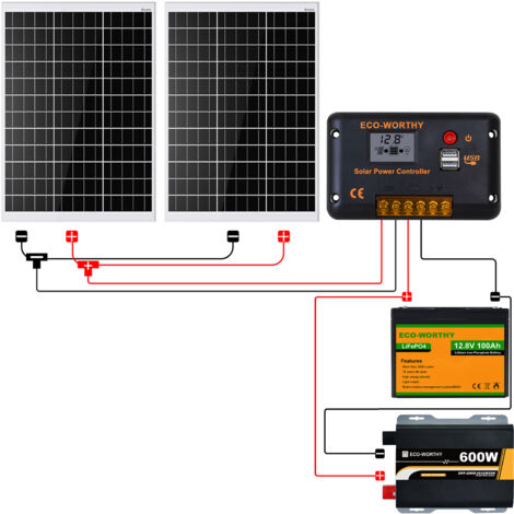 ECO-WORTHY 240W Solarpanel Kit solaranlage komplettset 1 kWh/Tag: 2pcs 120W Mono Solarpanel + 100Ah 12V LiFePO4 Lithium Batterie + 600W Wechselrichter + 30A Solarladeregler für Wohnmobile