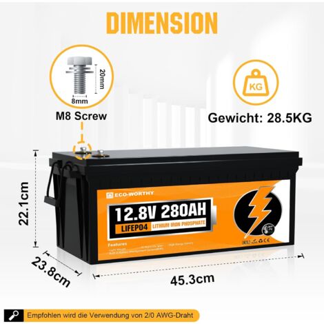 Ninthcit LiFePO4 Akku 12.8V 265AH 3392Wh Lithium Batterie mit über 8000 Mal Tiefzyklen und BMS Schutz für Solaranlage, Geeignet für Solaranlagen, Wohnmobile, Boote, Häuser