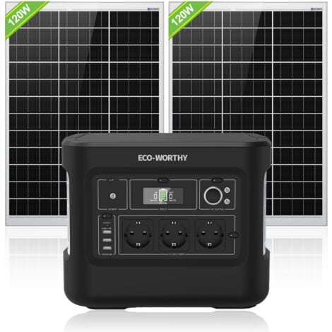 ECO-WORTHY 1000W(Spitze 2000W) 1024Wh Portable Power Station mit 2 x 120W Solarpanel, Tragbares Powerstation Solar Generator Bundle für Home Backup, Notfall, RV Camping, Van Life