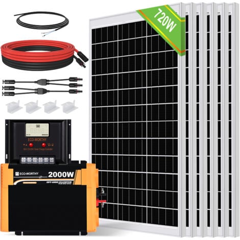 ECO-WORTHY 3kWh solaranlage 720W 12V Solarpanel Kit mit Wechselrichter Solarmodul System für netzunabhängige Wohnmobile: 6 Stücke 120W Solarmodul + 60A Laderegler + 2000W 12V Solar Wechselrichter