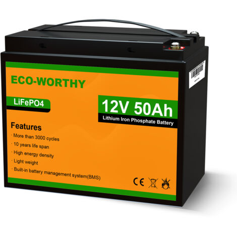 ECO-WORTHY 12V 50Ah LiFePO4 Akku Lithium batterie wiederaufladbar mit über 3000 Mal Tiefzyklus und BMS-Schutz für Wohnmobile, Boote, Solaranlagen, Windanlagen, industrielle Anwendungen & Rollstuhl