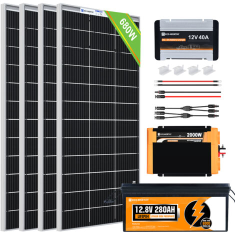 ECO-WORTHY 780W Solaranlage Komplettset netzunabhängiges für Wohnmobil Camper:4 Stücke 195W Solarpanel+1 Stücke LiFePO4 batterie 280Ah +Wechselrichter 2000W+DC-DC Ladebooster 12V 40A