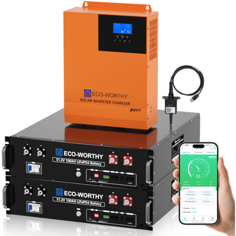 ECO-WORTHY 10,24KWh Balkonkraftwerk mit 2 x 48V (51,2V) 100Ah Server-Rack-Batterie LiFePO4 Batterie + 5000W Hybrid Inverter,mit Speicher für Solaranlage Komplettset,Haushalt