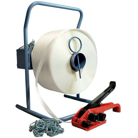 Kit 1 Fleje hilo a hilo 19 mm x 600 m + 1 tensor GRATIS + 1 dispensador + hebillas - Resistencia 550kg - TECPLAST KFF2