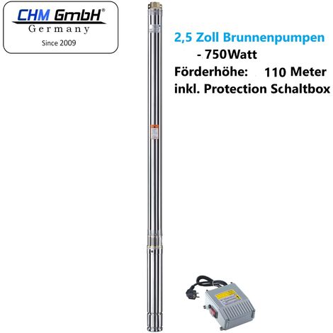 CHM – Pompe immergée 2,5 pouces 750W – Débit 2800 L/h – Pression 11 bars – Hauteur de livraison 110m – Acier inoxydable et laiton