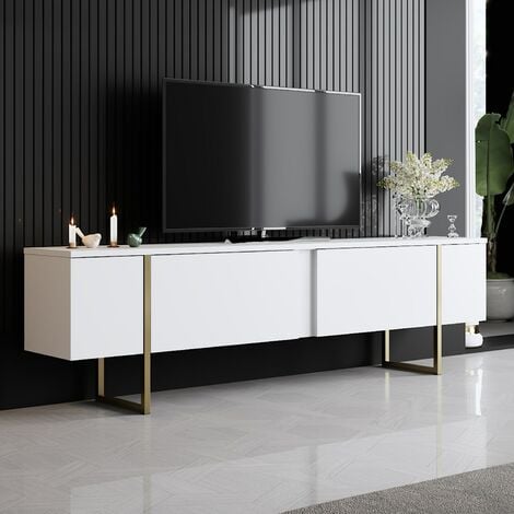 Meuble TV Blanc et Doré avec Pieds en Métal, 180x50x30 cm, Pour Salon Luxueux ou Chambre Principale