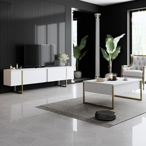 Meuble TV Blanc et Doré avec Pieds en Métal, 180x50x30 cm, Pour Salon Luxueux ou Chambre Principale