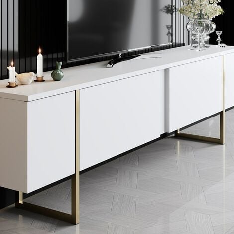 Meuble TV Blanc et Doré avec Pieds en Métal, 180x50x30 cm, Pour Salon Luxueux ou Chambre Principale