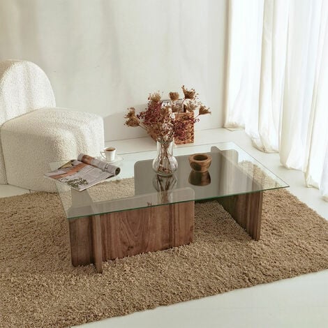 Table Basse en Noyer avec Plateau en Verre, 105x30x65 cm, Pour Salon Élégant ou Bureau Exécutif