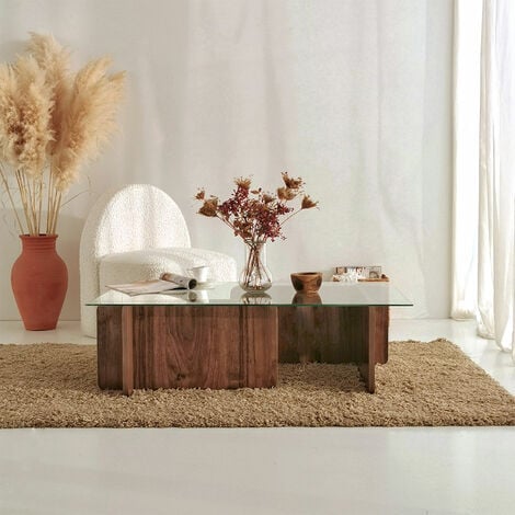 Table Basse en Noyer avec Plateau en Verre, 105x30x65 cm, Pour Salon Élégant ou Bureau Exécutif