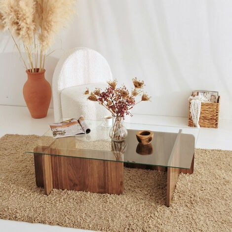 Table Basse en Noyer avec Plateau en Verre, 105x30x65 cm, Pour Salon Élégant ou Bureau Exécutif