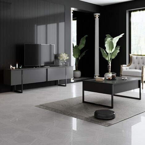 Meuble TV en Anthracite et Noir avec Pieds en Métal, 180x50x30 cm, Pour Salon ou Salle de Cinéma à Domicile