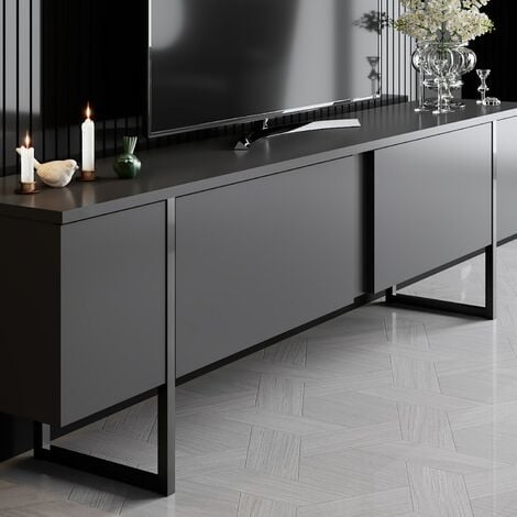 Meuble TV en Anthracite et Noir avec Pieds en Métal, 180x50x30 cm, Pour Salon ou Salle de Cinéma à Domicile